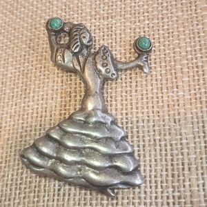 Vintage Sterling Mexican Dancing Woman Turquoise Maracas 1 5/8” brooch pin